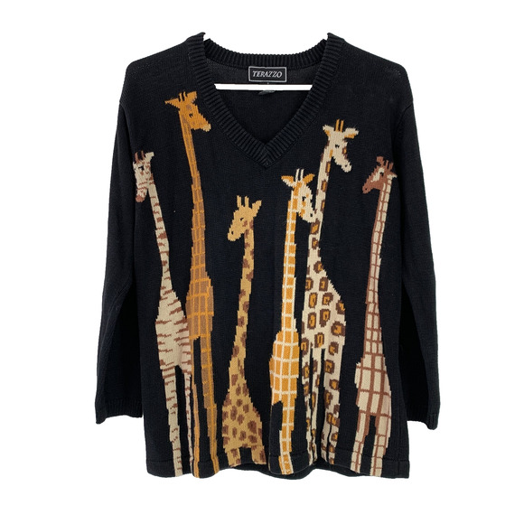 Vintage 90s Terazzo Giraffe Art To Wear Black Long Sleeve Sweater Small - Picture 1 of 4